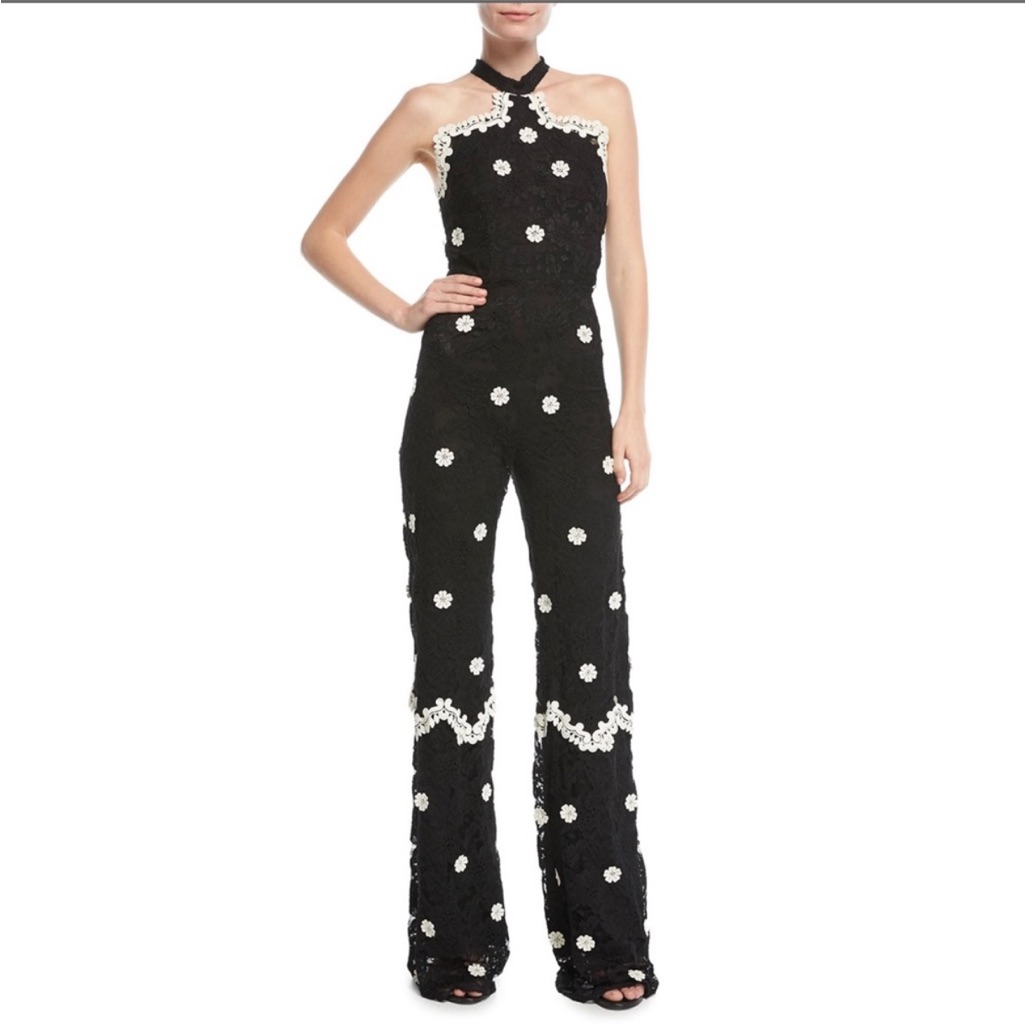 Alexis Kayla Halter Lace Floral Appliqu Black White Wide Leg Jumpsuit Xs
